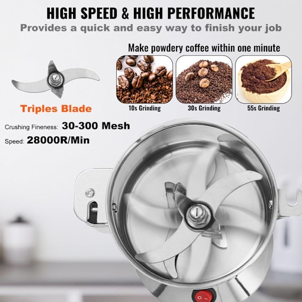 Kaffekvarn Kryddor Elektrisk 550g - VEVOR - 2000W - 3-lagersblad, Timer, Överbelastningsskydd - spannmål örter nötter Pengar