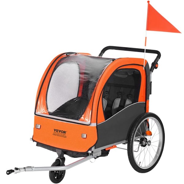 Cykelvagn för barn-VEVOR- Dubbelsits, belastning 45 kg, 2-i-1 kapellhållare förvandlas till en barnvagn, orangegrå