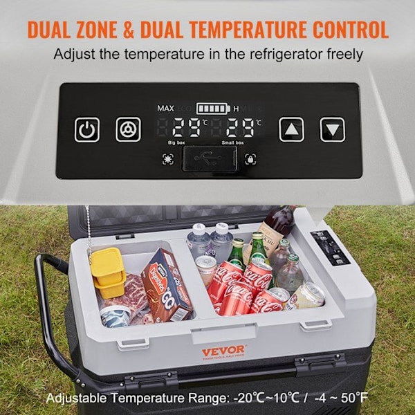 38 L Bärbar elektrisk kylbox - VEVOR - Bilkylskåp med dubbla zoner - 0,708 kW.h -20°C till 10°C Justerbar