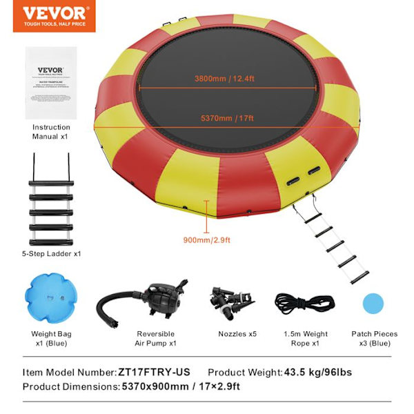 Uppblåsbar vattenstudsmatta-VEVOR-vattenstudsmatta 537x90cm-Flytande rebounder för barn, poolsjö