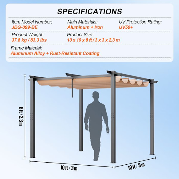 Utfällbar utomhuspergola 3 x 3 m-VEVOR-Aluminium Trädgårdslusthus med baldakin-uteplatser, trädgårdar, bakgårdar-beige