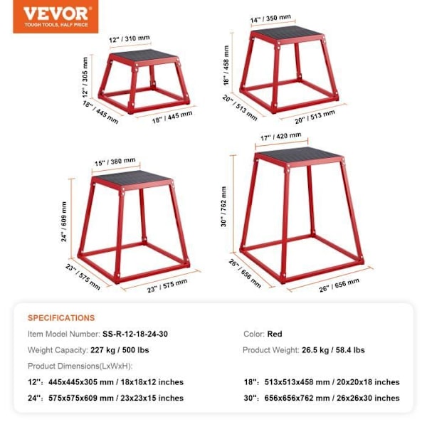 Bodybuilding Jump Box - VEVOR - Set med 4 st 305/458/609/762 mm, Belastning 227 kg, Röd, För träning hemmagym