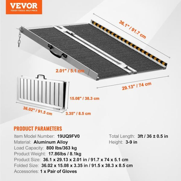 Fällbar ramp - VEVOR - 91,7 x 74 x 5,1 cm, kapacitet 363 kg, aluminiumlegering, för skotrar, rörelsehindrade, trappsteg