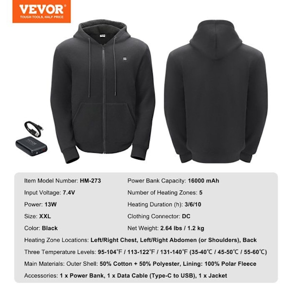 Uppvärmd hoodie-VEVOR-Unisex uppvärmd tröja-värmejacka med dragkedja med 5 värmezoner-svart Svart XXL