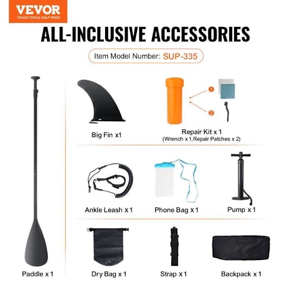 Uppblåsbar Paddle Board - VEVOR - Uppblåsbar Paddle Stand Up SUP Paddle Board 335,2 cm med tillbehör, 3352 × 838 × 152 mm