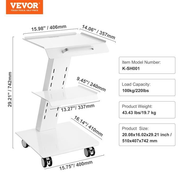 Laboratorievagn-VEVOR-510x407x742mm-Integrerat grepp 3 lager-Belastning 100 kg svängbara hjul-Laboratorium,klinik,salong