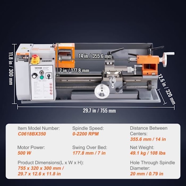 Metallsvarv - VEVOR - Mini Precision metallsvarv 178x356 mm 0-2200 rpm Kontinuerligt variabel