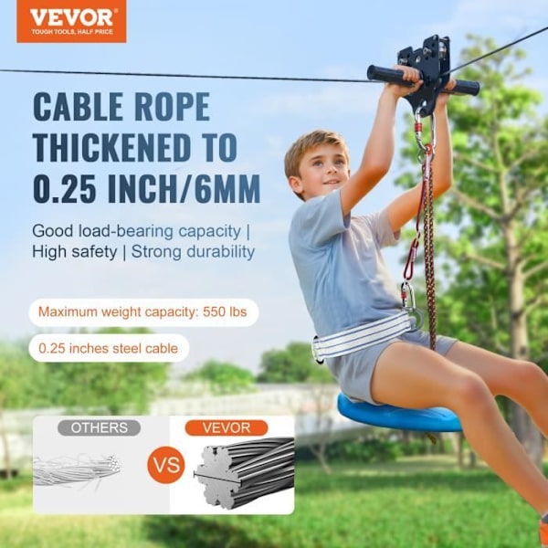 Zipline Kit -VEVOR-48,8m Zipline för barn och vuxna - för trädgården Bakgård utomhus