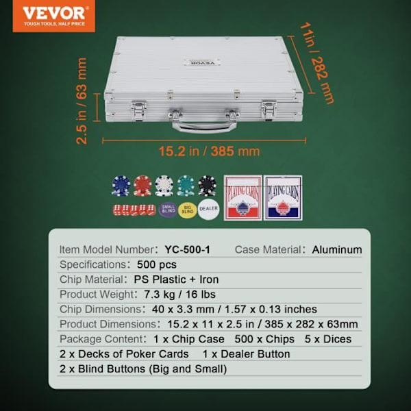 Komplett Ultimate Poker Kit - VEVOR - 500 marker - Tokens mått: 40 x 3,3 mm - Fodralmaterial: Aluminium - Home Casino