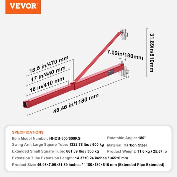 Lyftstödarm-VEVOR-Elektrisk-Belastning 600 kg-Svivel-stållyftram-180°-Verkstad-Garage