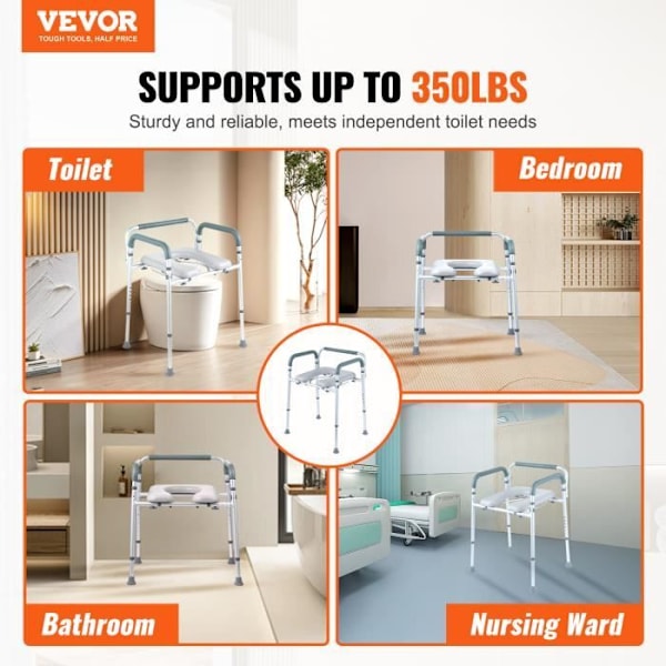 Kommodestol - VEVOR - 440 x 400 x 40 mm Vadderad Toalettsits Höjd Justerbar Äldre, 158,5 kg Kapacitet