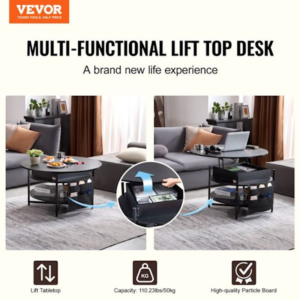 Soffbord med lyftbar skiva - VEVOR - Runt vardagsrumssoffbord med LED - Sidoförvaringspåsar - 90x90x51 cm - Svart Svart