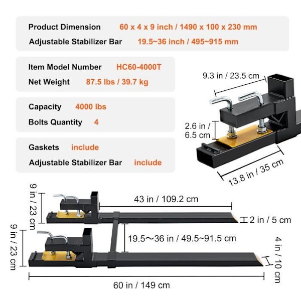Pallgafflar-VEVOR-1490x100x230 mm-Längd 149cm justerbar för Lastare Traktor Skopa gaffeltruck