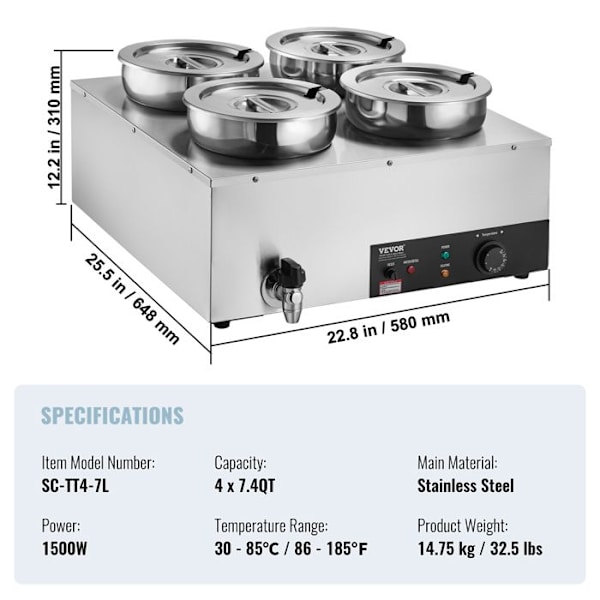 Soup Warmer 4 x 7 L-VEVOR-Elektrisk Soup Station 1500 W-Anti-Dry Burning and Reset Button, Bufférestaurang