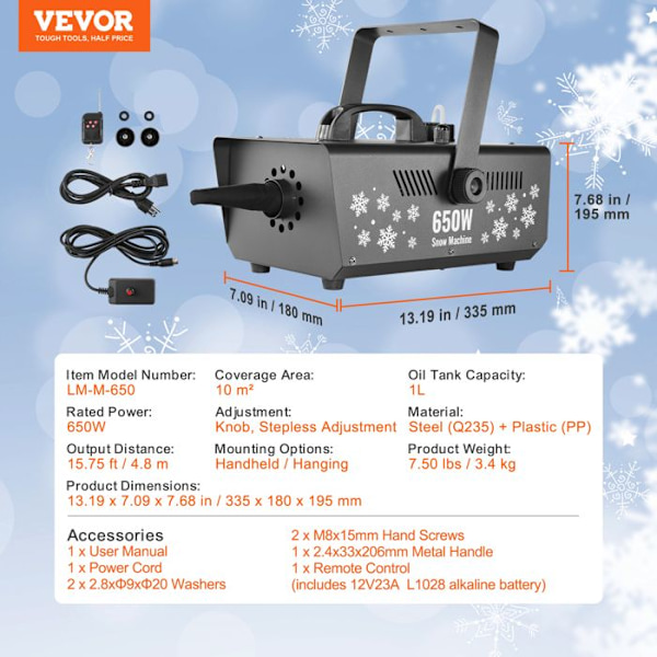 Snömaskin-VEVOR-650 W-Fjärrstyrd hängande bärbar konstgjord snöflingamaskin med 1L tank