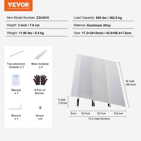 Tröskelramp - VEVOR - 43,6 x 86,4 x 7,6 cm Aluminium Lastkapacitet 362,8 kg för rullstolsskoter