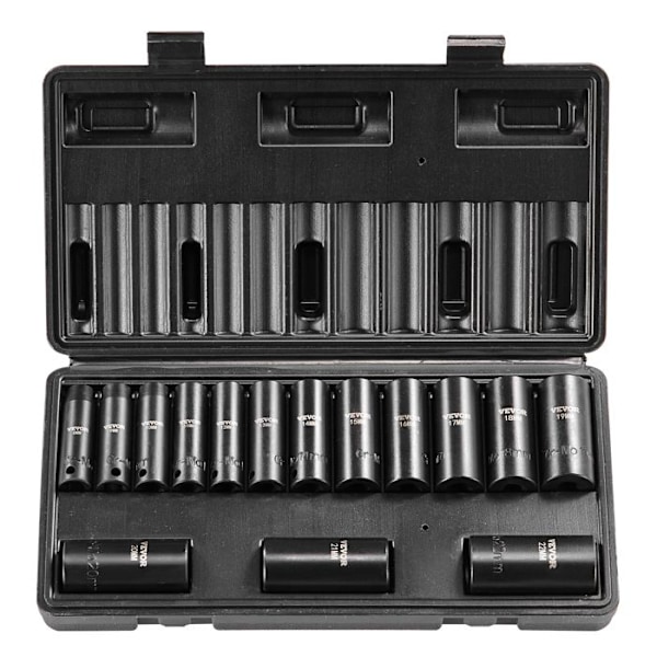 3/8" Deep Impact Socket Set Metrisk 8-22 mm-VEVOR-15PCs Spärrnyckelsats - för bilreparation, verkstad