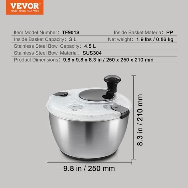 Salladssnurra - VEVOR - Rostfritt stål 4,5L, 250x250x210mm med lock i rostfritt stål för torkning av grönsaker BPA-fri