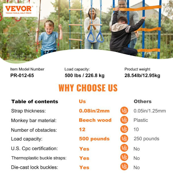 Ninja Course for Kids Slackline Kit-VEVOR-2x19,8m-med klätternät Monkey Bar för trädgården