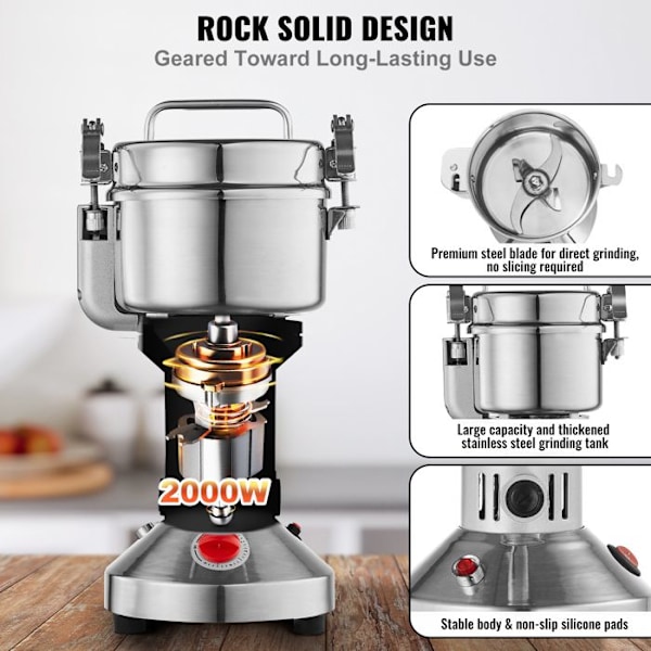Kaffekvarn Kryddor Elektrisk 550g - VEVOR - 2000W - 3-lagersblad, Timer, Överbelastningsskydd - spannmål örter nötter Pengar
