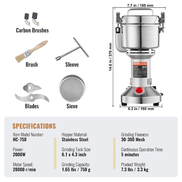 Kaffekvarn Kryddor Elektrisk 750g -VEVOR -2000W -3-lagers Kniv, Överbelastningsskydd -Korn Krysser Nötter