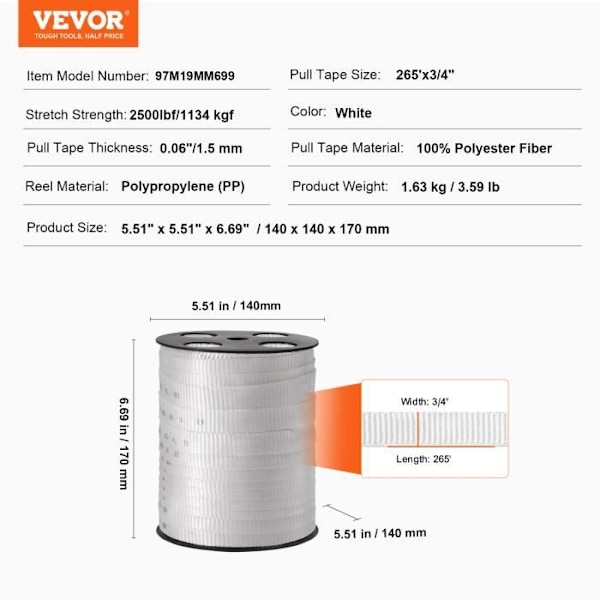 Polyester dragtejp-VEVOR-80,8 m x 1,9 cm-Kapacitet 1134 kgf-Förpackning, Trädgårdsarbete, Kommersiellt elektriskt-Vit