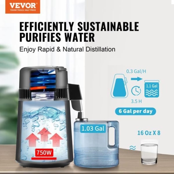 Vatten destillator - VEVOR - 4L Ren Vattendestillator Maskin för Destillation av Vatten 1 L/h Inomhus Rostfritt Stål Svart