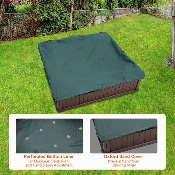 Sandlåda med lock-VEVOR-1235 x 1235 x 315 mm-för utomhusträdgård, strand, park, present till barn 3 till 12 år gammal-brun kastanj