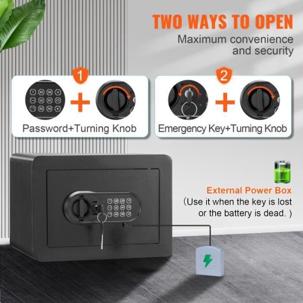 14 L digitalt kassaskåp - VEVOR - 350 x 250 x 250 mm säkerhetsskåp - 2 typer av upplåsningslösenord och nycklar