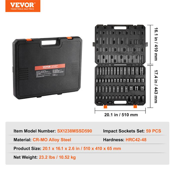 Slaghylsa Box-VEVOR-59PCs Ratchet Wrench Kit-Transparenta etiketter, för bilreparation, verkstad