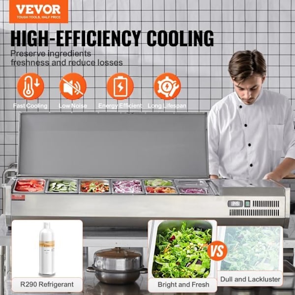 Saladette för kyld bänkskiva-VEVOR-155W- 4 1/3 kastrull och 4 1/6 kastruller-304 rostfritt stål Body-PC Lock-Köksingredienser