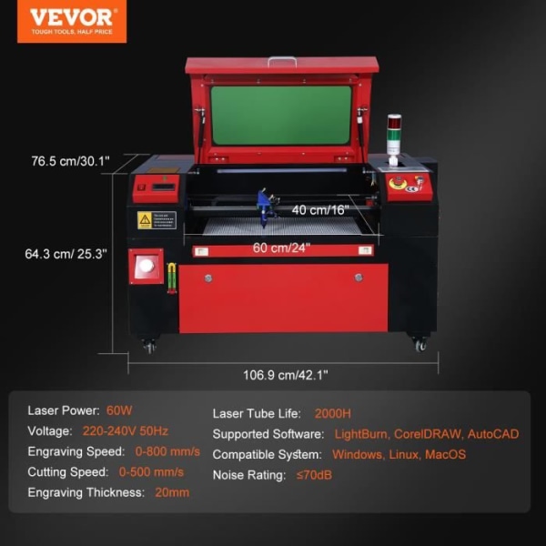 CO2 Laser Engraver - VEVOR - 60 W Graveringsmaskin Skärbord 400x600 mm