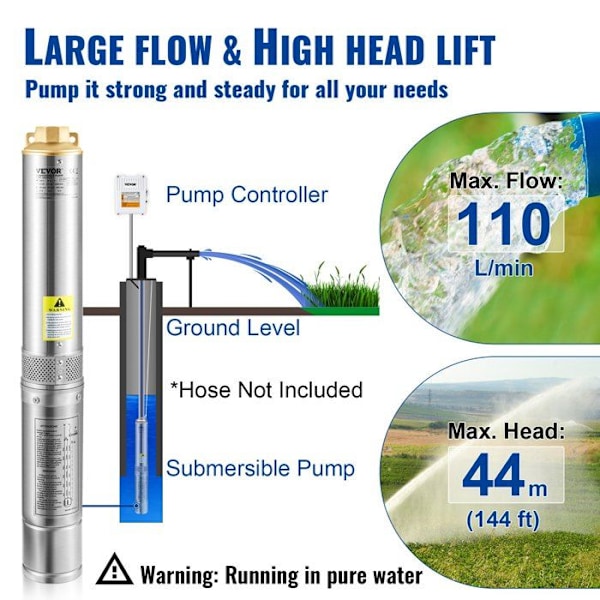 VEVOR 370 W dränkbar djupbrunnspump - Maximalt flöde 110 l/min - Maximalt tryckhöjd 44 m