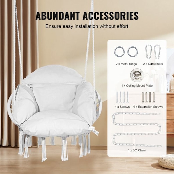 Hängfåtölj-VEVOR-Macramé Swivel Hängstol, Dyna-för sovrum, Terrass, Trädgård, Inomhus, Utomhus-Vit