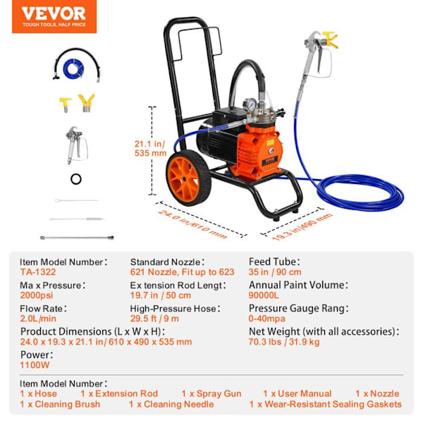 Högtrycksmembran högtrycksspruta-VEVOR-1100 W-2 L/min-för interiör Exteriör målning Stängseltillbehör