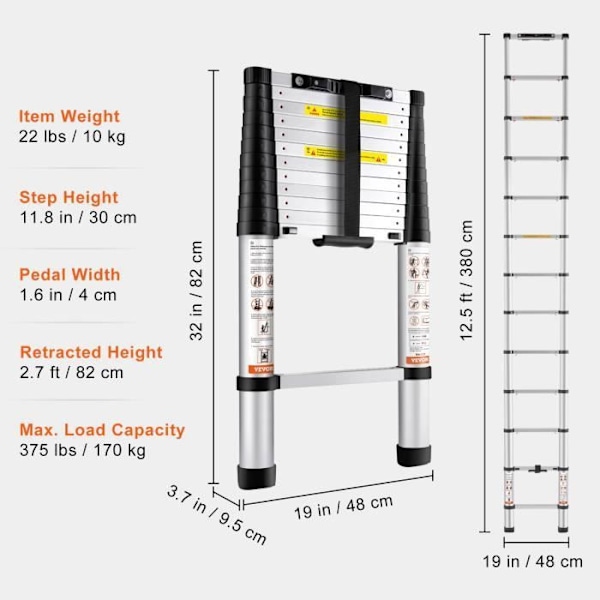 Teleskopstege - VEVOR - Bärbar multifunktionsförlängbar teleskopstege av aluminium 3,8 m 170 kg - EN131-certifierad
