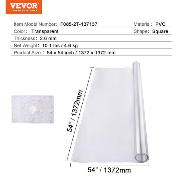 PVC Transparent Bordsduk-VEVOR-1372x1372 mm-Tjocklek 2 mm-Kvadrat-Resistent mot vatten-Lätt att rengöra Transparent