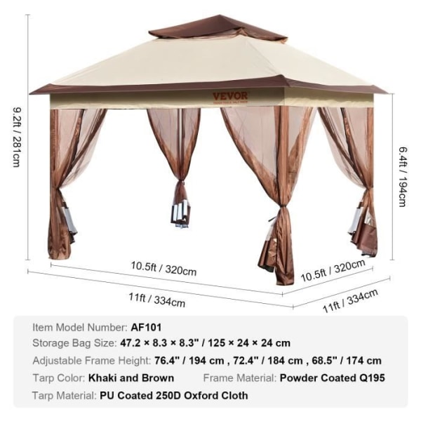 Garden Gazebo - VEVOR - Garden Gazebo Pop-up Gazebo 334x334 cm för 8-10 personer Mesh Net