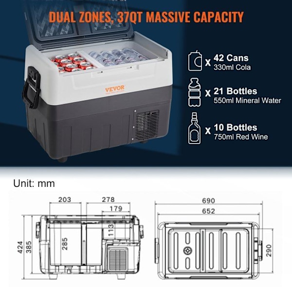 35 L Bärbar elektrisk kylbox - VEVOR - Bilkylskåp med dubbla zoner - 0,6 kW.h -20°C till 10°C Justerbar