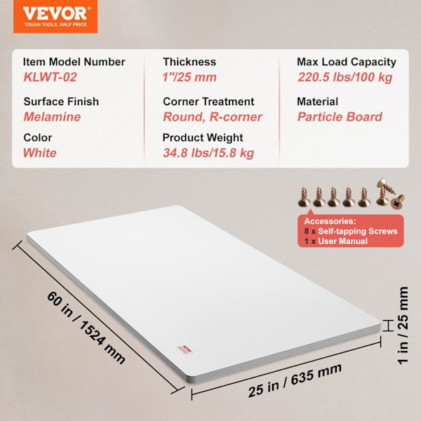 Skrivbordsbräda -VEVOR-1524x635x25 cm-Belastning 100 kg-för justerbart elektriskt stående skrivbord, bänkskiva, matbord, hem