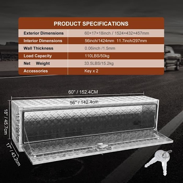 Lastbilsverktygslåda-VEVOR-underram Nedre monteringslåda av massiv aluminiumlegering -142,4 x 29,7 cm