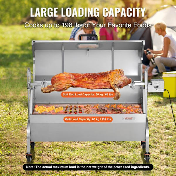 Kolgrill med elektriskt grillspett 52 W-VEVOR-visningsfönster och låsande hjul-Lammgrishöna