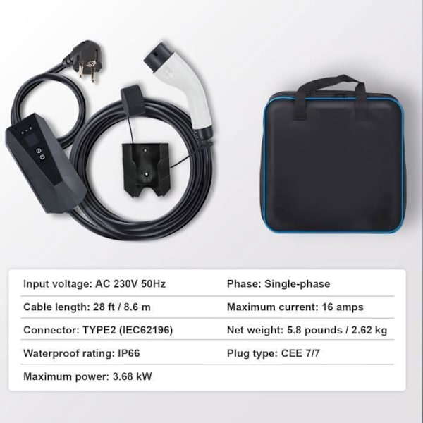 Bärbar elbilsladdare - VEVOR - Kabel typ 2 8,6m 16A 230V CEE 7-7