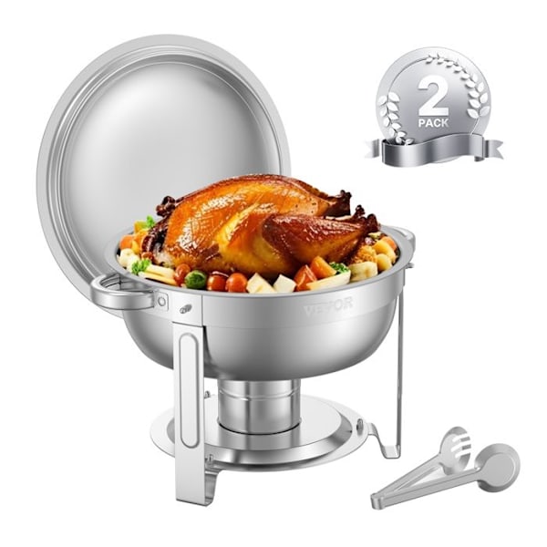 Chauffe-Plat-VEVOR-2PCs-4,7 L-Buffet Chauffant Rond-Réchaud i Rostfritt Stål-med Lock och Tång-Silverfärgad