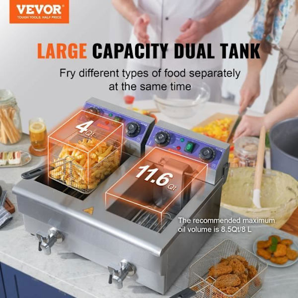 Kommersiell elektrisk fritös -VEVOR - Oljefritös 2 tankar i rostfritt stål 12 L 6000 W