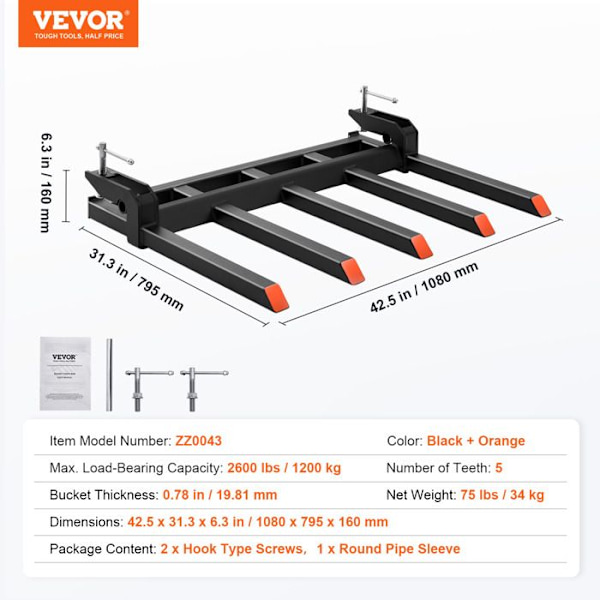 Skräpgaffeltång-VEVOR-48"-Belastning 1200 kg-Robust tång-Tillbehör-Rengör skräp från fallna lemmar-gårdsavfall