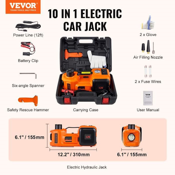 VEVOR Hydraulic Jack Electric Car Jack 5T 12V med inbyggd uppblåsare