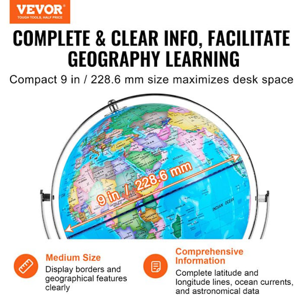 Upplyst jordklot med stativ-VEVOR-228,6 mm-rotation-LED-Heavy Metal Base-Learning Geografi i klassen