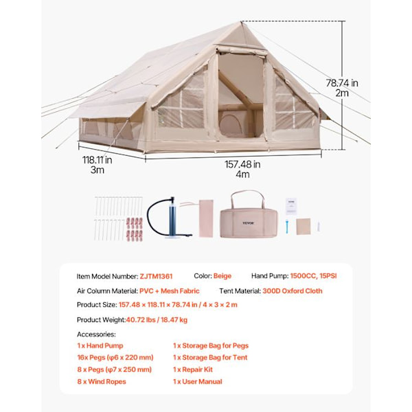 Tält i Uppblåsbart Material - VEVOR - 4 x 3 x 2 m - Glampingtält för 5 till 8 Personer Oxford 300D - med Handpump