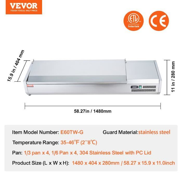 Saladette för kyld bänkskiva-VEVOR-155W- 4 1/3 kastrull och 4 1/6 kastruller-304 rostfritt stål Body-PC Lock-Köksingredienser